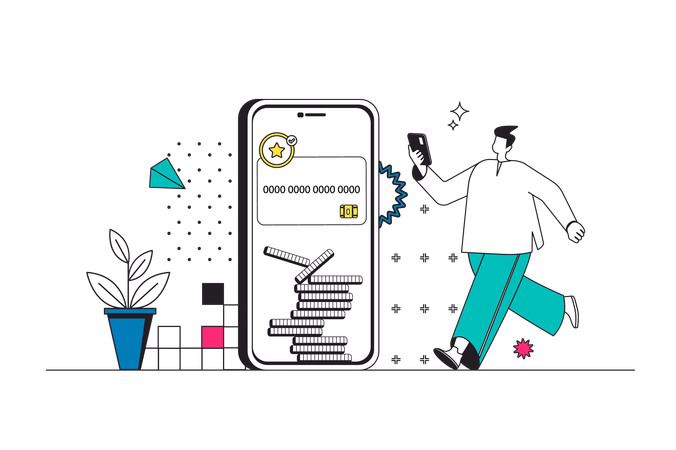 Homme contrôlant le compte financier à l’aide d’une application en ligne  Illustration