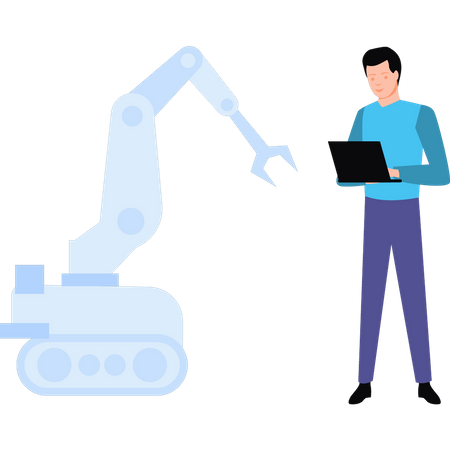 Homme contrôlant le bras robotique à l’aide d’un ordinateur portable  Illustration