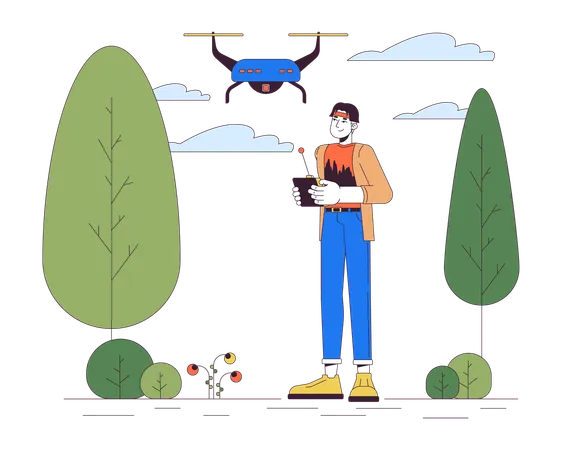 Homme coréen avec drone dans le parc  Illustration