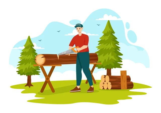Homme coupant du bois à l'aide d'une scie à main  Illustration