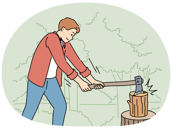 Homme coupant du bois dans la forêt avec une hache  Illustration