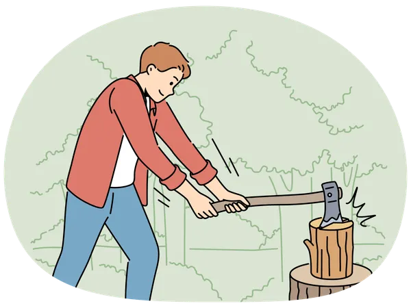 Homme coupant du bois dans la forêt avec une hache  Illustration
