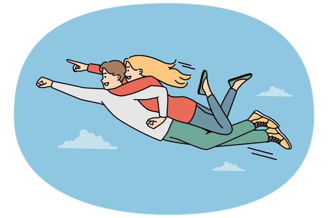 Homme courageux souriant comme super-héros avec une femme sur le dos volant dans les airs  Illustration