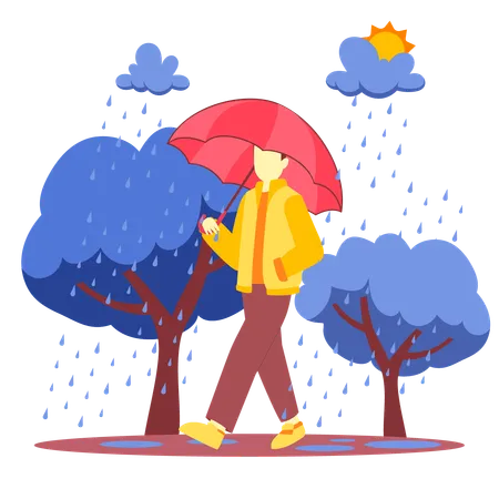 Homme qui court avec un parapluie sous la pluie  Illustration