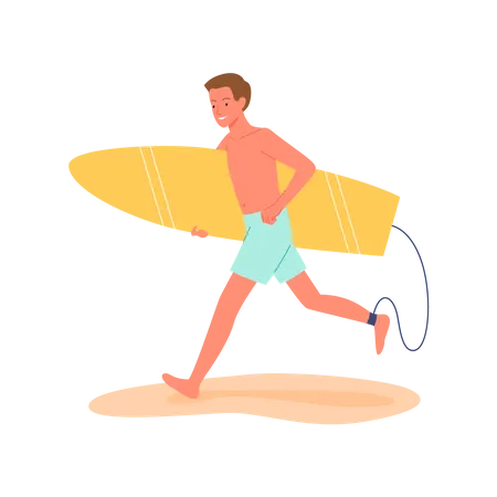 Homme qui court avec planche de surf  Illustration