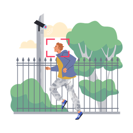 Un homme court dans le parc. Une caméra de surveillance surveille les rues de la ville.  Illustration
