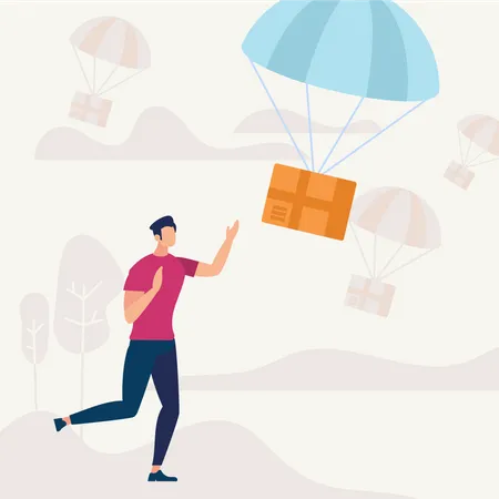 Homme courir et attraper un colis tombant avec un parachute  Illustration