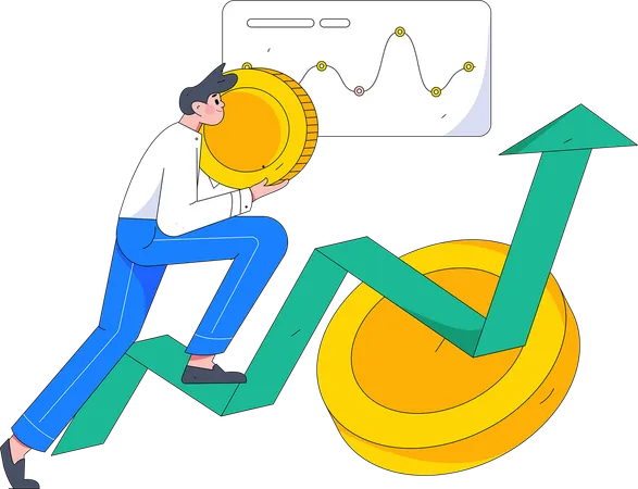 L'homme court avec une pièce de monnaie le long d'une flèche croissante  Illustration