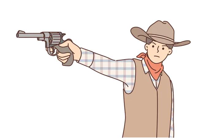 L'homme cowboy avec un revolver à la main est habillé dans le style d'un résident du Far West et vise le délinquant  Illustration