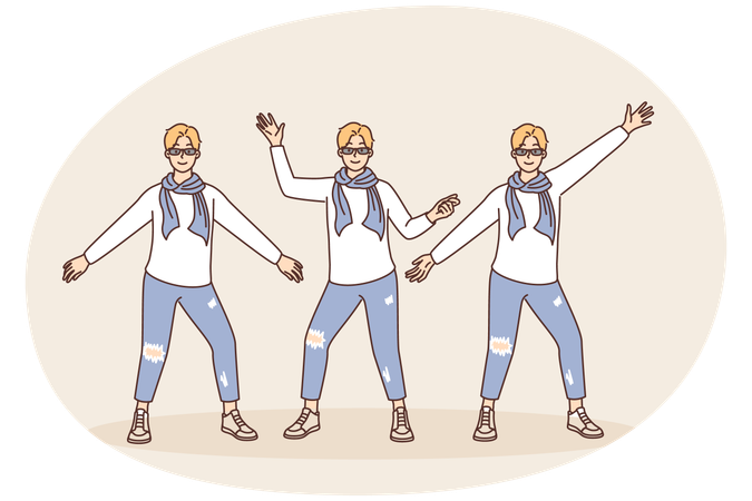 Un gars créatif en vêtements de mode pour jeunes posant en prenant différentes poses et en écartant les bras sur les côtés  Illustration