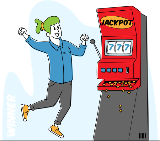 Un homme criant super excité remporte le jackpot sur un bandit à une main  Illustration