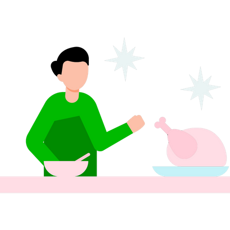 Homme cuisinant du poulet de Thanksgiving  Illustration