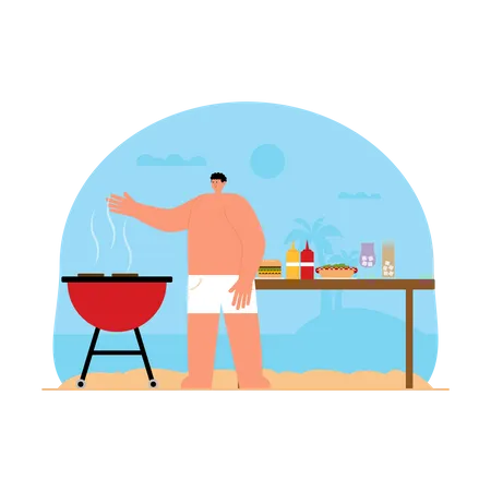 Homme cuisinant un barbecue à la plage  Illustration