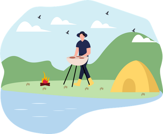 Homme cuisinant un barbecue au camping de plage  Illustration