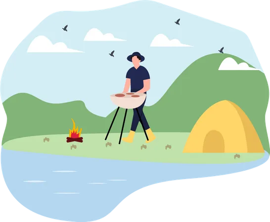 Homme cuisinant un barbecue au camping de plage  Illustration