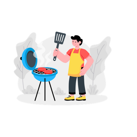 Homme faisant cuire un barbecue sur le gril  Illustration