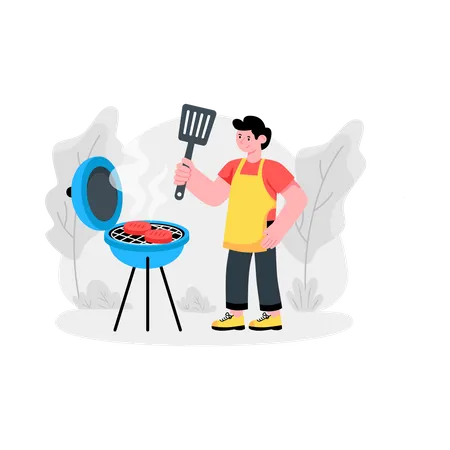 Homme faisant cuire un barbecue sur le gril  Illustration