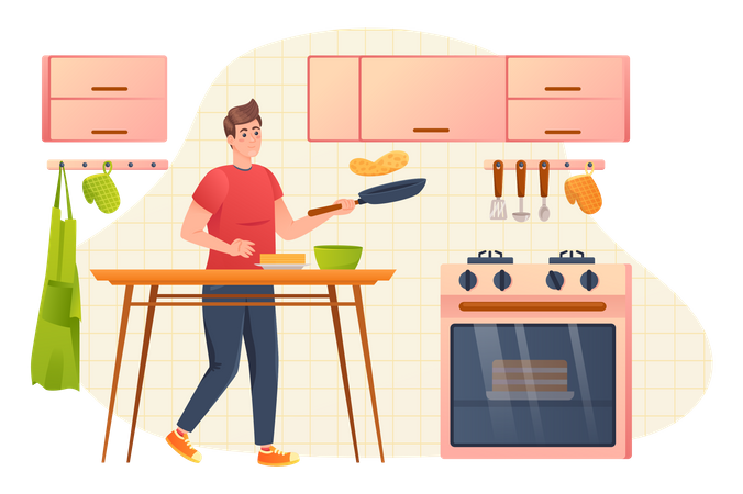 Homme cuisinant des aliments dans la cuisine  Illustration