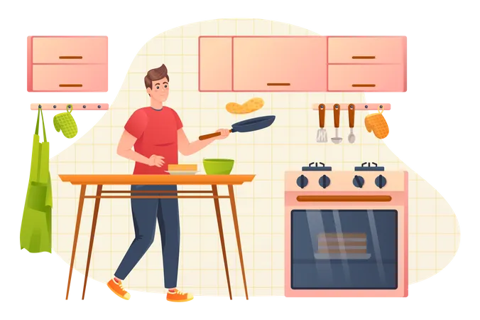 Homme cuisinant des aliments dans la cuisine  Illustration