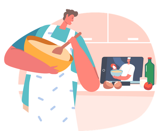 Homme cuisinant des aliments tout en apprenant grâce à un didacticiel vidéo en ligne  Illustration