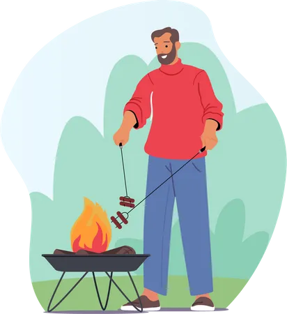 Homme cuisinant des saucisses sur un feu de camp  Illustration