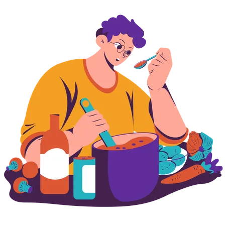 Homme, cuisine, repas  Illustration