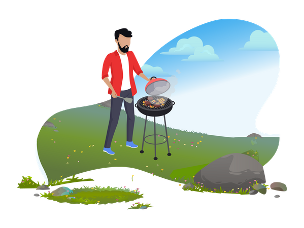 Homme cuisinant un repas à l'aide d'un barbecue  Illustration