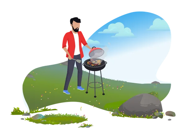 Homme cuisinant un repas à l'aide d'un barbecue  Illustration
