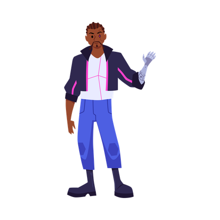 Homme cyberpunk souriant avec un œil et une main artificiels  Illustration