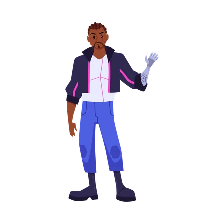 Homme cyberpunk souriant avec un œil et une main artificiels  Illustration
