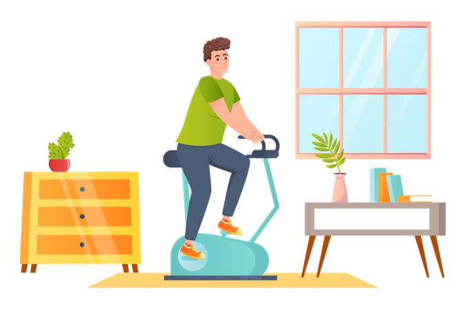 Homme faisant du vélo à l'intérieur de la maison, faisant de l'exercice physique  Illustration