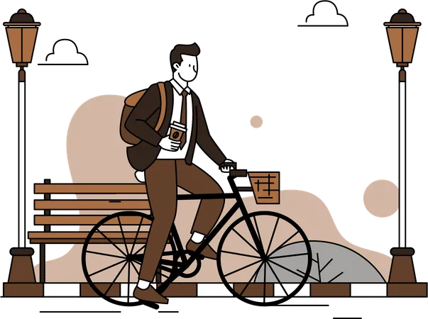 Homme faisant du vélo en prenant un café  Illustration
