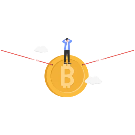 Homme d'affaires avec des traces brisées et de la peur sur une corde suspendue à un énorme bitcoin  Illustration