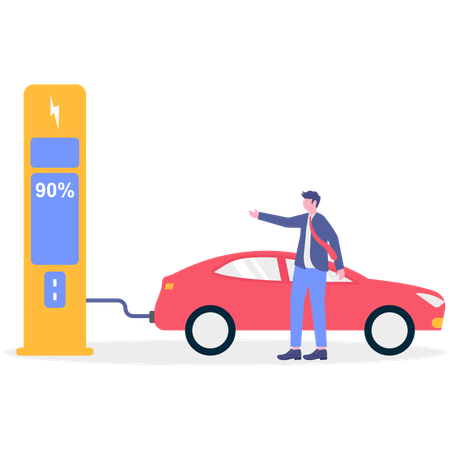 Un homme d'affaires charge une voiture électrique  Illustration