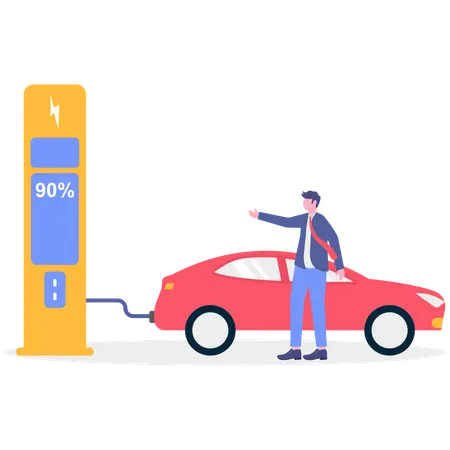 Un homme d'affaires charge une voiture électrique  Illustration