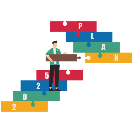 Un homme d'affaires achève un pont en forme de puzzle en vue de son plan d'objectif 2025  Illustration