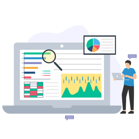 Homme d'affaires effectuant une analyse de tâches en ligne  Illustration