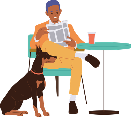 Homme d'affaires élégant avec chien visitant un café acceptant les animaux de compagnie  Illustration