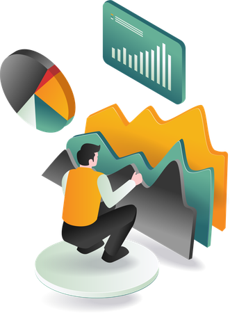 Homme d'affaires étudiant des données financières représentées par des graphiques  Illustration