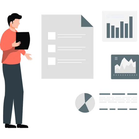 Homme d'affaires effectuant une analyse de rapport d'activité  Illustration