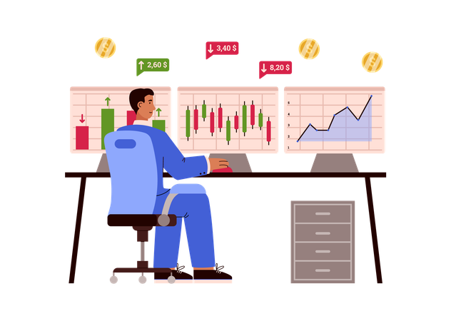 Homme d'affaires effectuant des transactions en bourse  Illustration