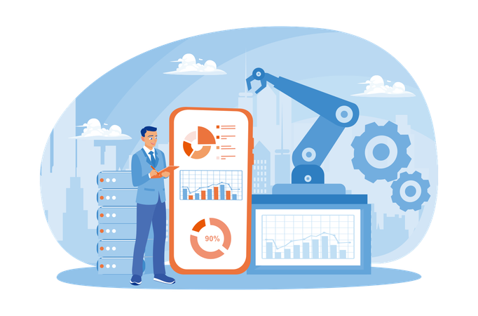 Homme d'affaires effectuant une analyse commerciale dans une usine intelligente  Illustration