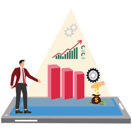 Homme d'affaires effectuant une analyse commerciale en ligne  Illustration