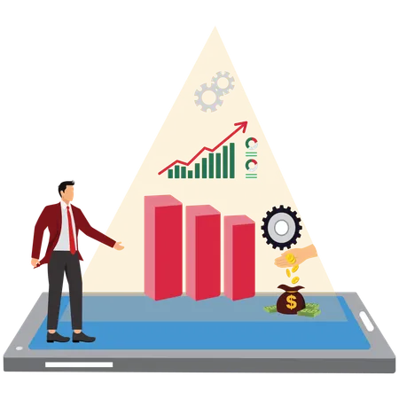 Homme d'affaires effectuant une analyse commerciale en ligne  Illustration