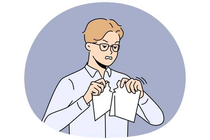 Un homme d'affaires furieux déchire un document en papier  Illustration