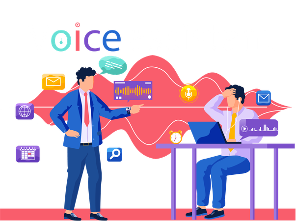 Un homme d'affaires installe un assistant vocal et une application de reconnaissance vocale  Illustration