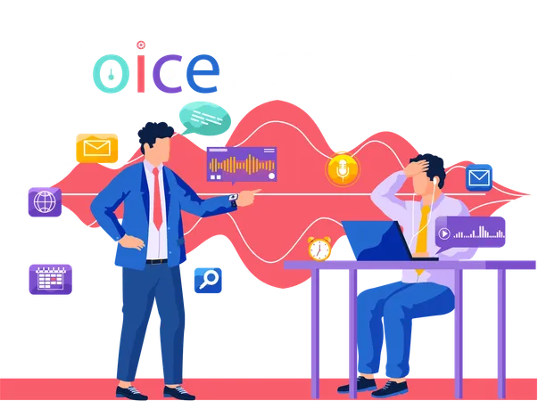 Un homme d'affaires installe un assistant vocal et une application de reconnaissance vocale  Illustration