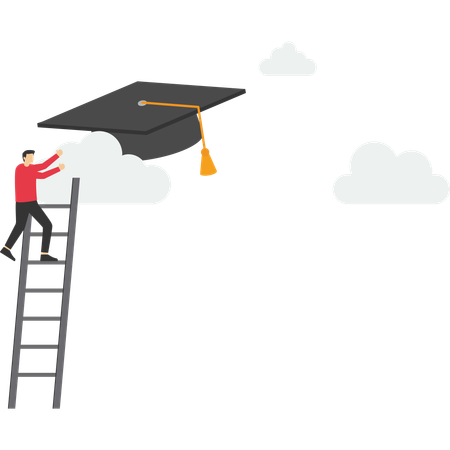 Un homme d'affaires grimpe et attrape un haut chapeau de diplômé sur un nuage  Illustration