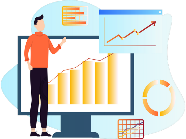 Homme d'affaires montrant des statistiques commerciales  Illustration