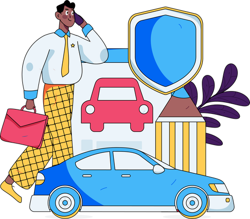 Homme d'affaires parlant d'assurance automobile sur mobile  Illustration